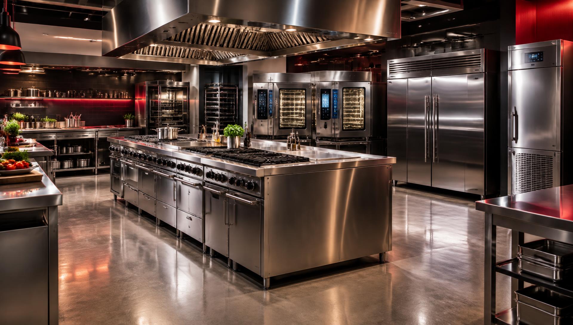 Stainless steel professional kitchen cook line in service