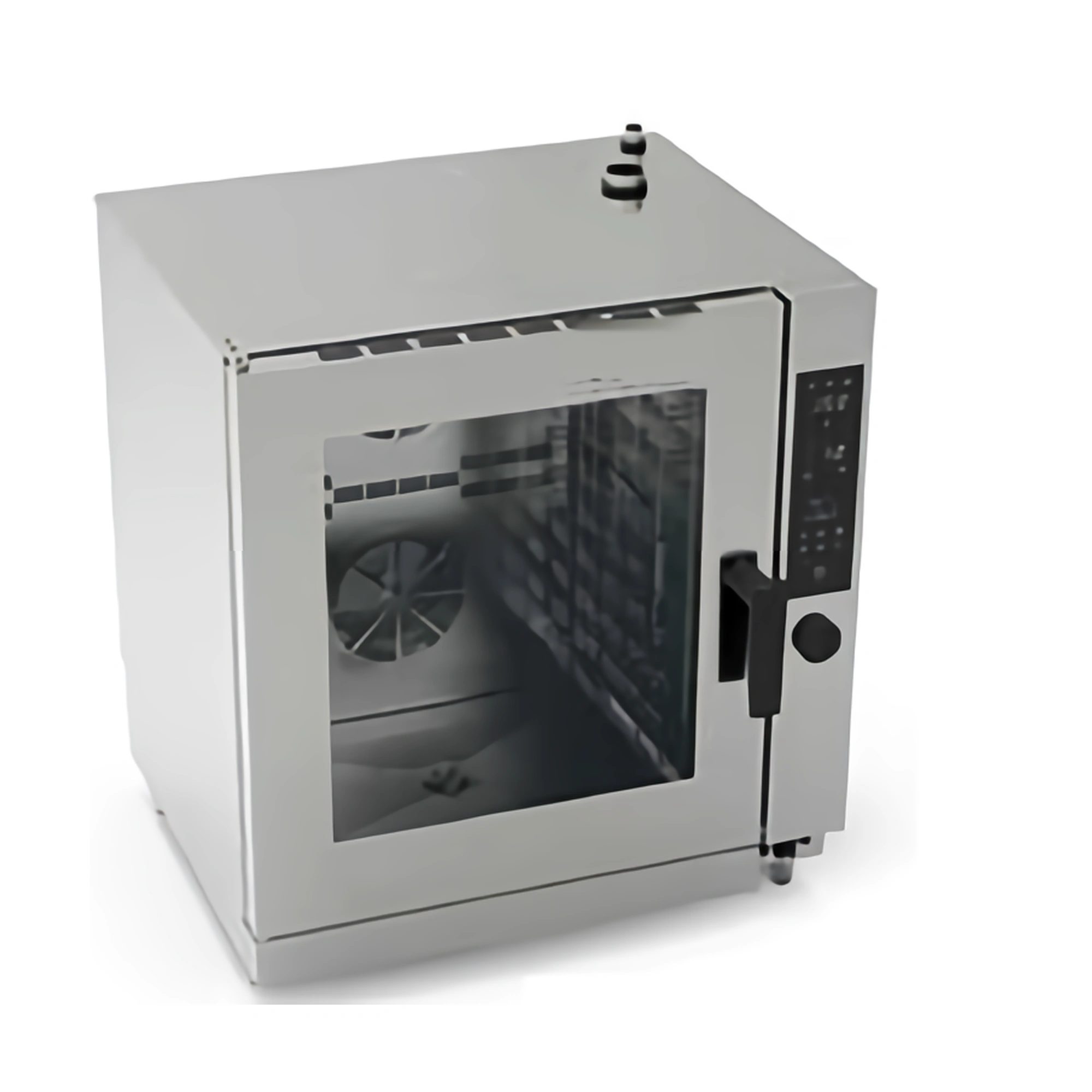 Professional combi oven with loaded trays in a commercial kitchen